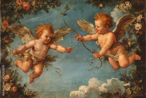 A painting depicting two cherubs, one holding a bow and the other aiming an arrow, in a detailed and vibrant scene, Cupids playing in a celestial garden, AI Generated