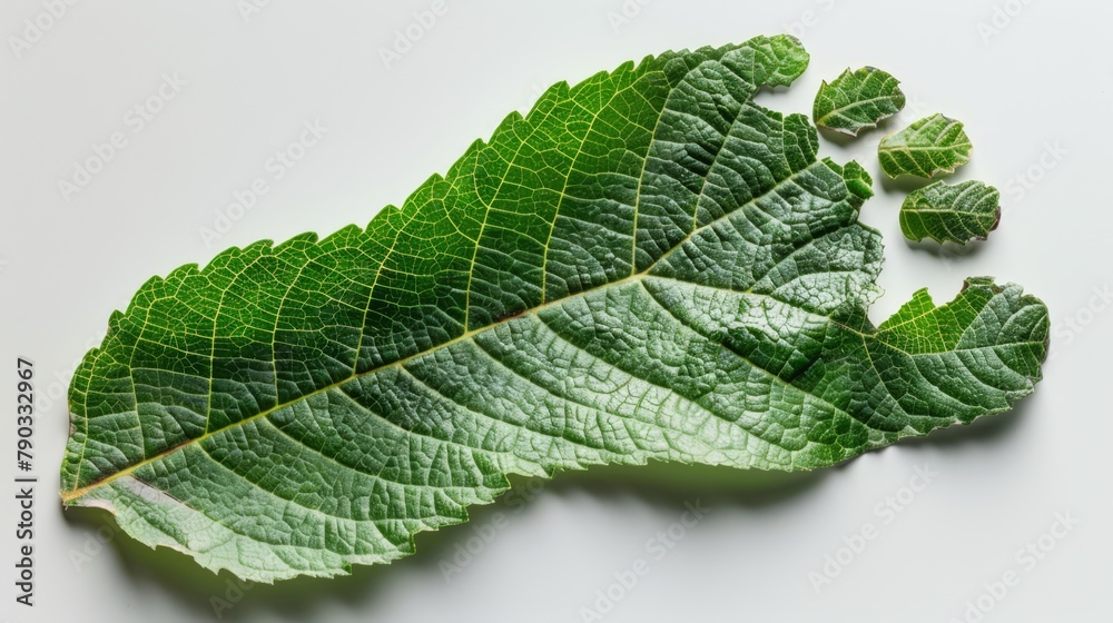 Top view photography of a human footprint with leaf isolated on white background, generated with AI Top view photography of a human footprint with leaf isolated on white background, generated with AI