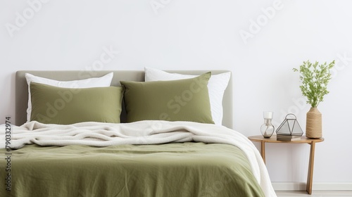 green pillows and blanket on a white bed. Bedroom with bed and utensils