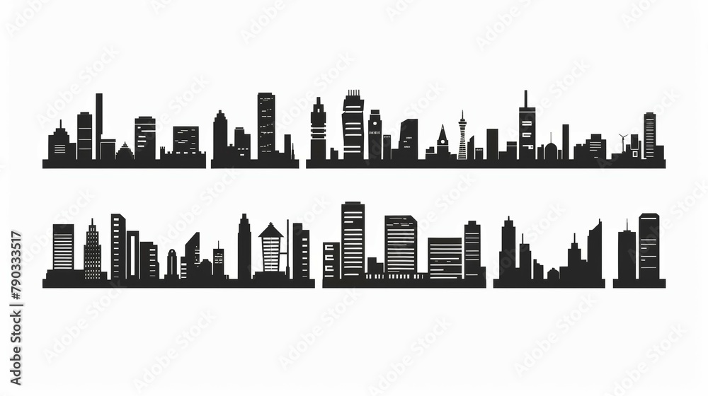 set of City silhouette in flat Silhouette solid simple bold clean black artwork on white background. 