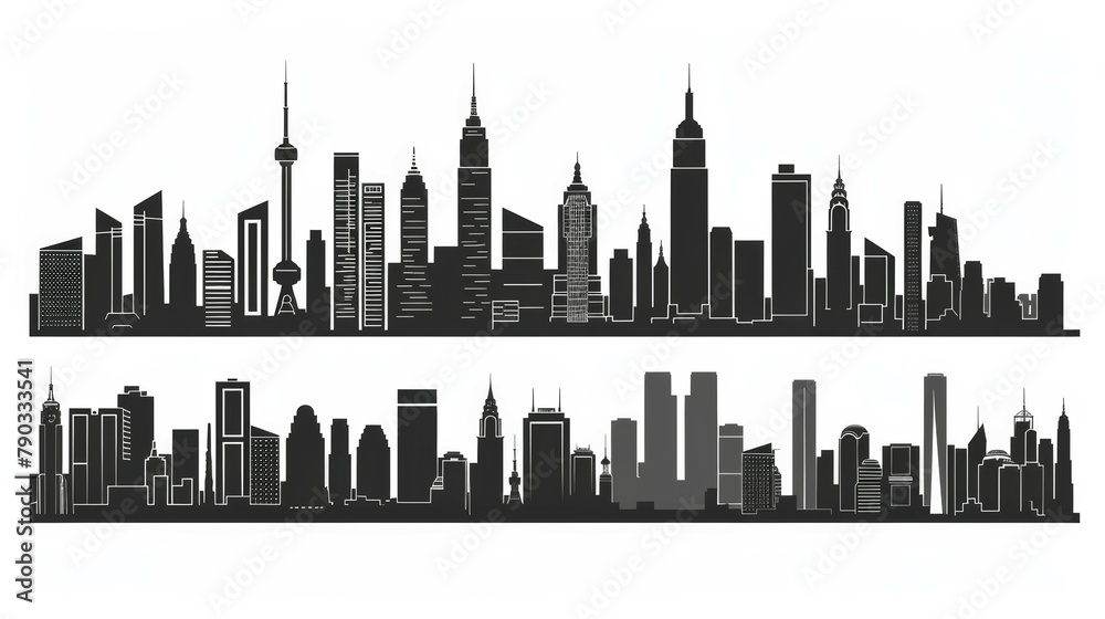 set of City silhouette in flat Silhouette solid simple bold clean black artwork on white background. 