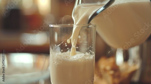 Giraffe pouring milk into a glass with a spoon