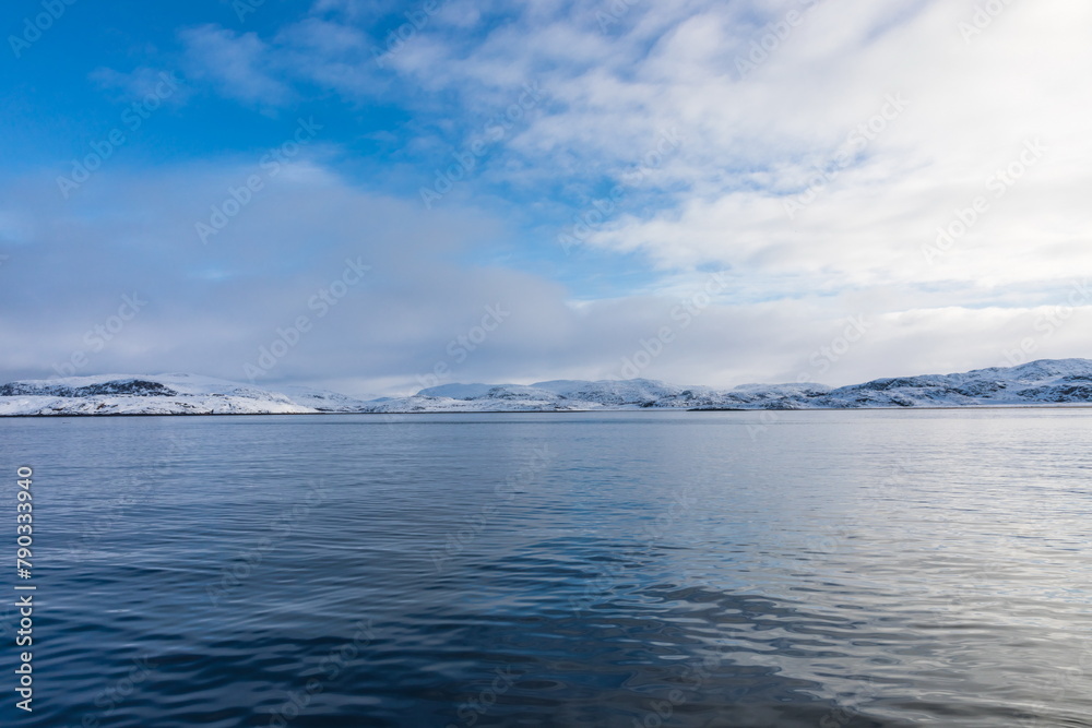 northern polar landscapes in the Teriberka Nature Park on the shore of the Barents Sea, Murmansk, Russia