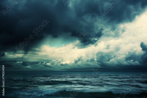 A photograph capturing a menacing and turbulent stormy sky looming over a vast expanse of water, Dark storm clouds gathering over a vast sea, AI Generated