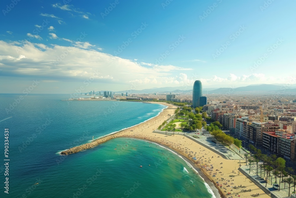 Aerial View of a Beach and City, Daytime aerial view of Barcelona's seaside cityscape, AI Generated