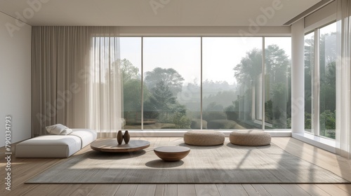 A living room with large windows and a white rug, AI