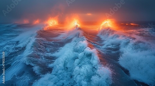 A mesmerizing scene of a vast body of water at the North Pole, surrounded by powerful waves crashing against each other.