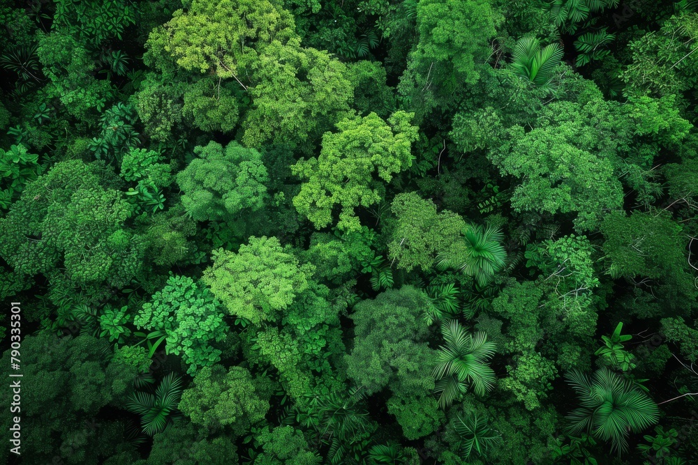 A vibrant and dense forest showcasing a multitude of green trees, creating a breathtaking natural landscape, Dense green Amazon rainforest seen from above, AI Generated