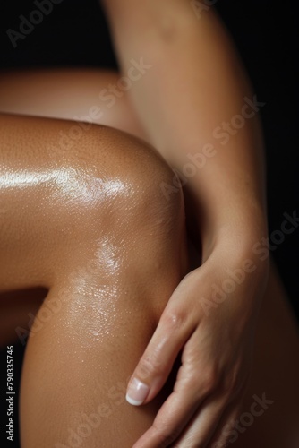 A close up of a woman's legs with lotion on them, AI