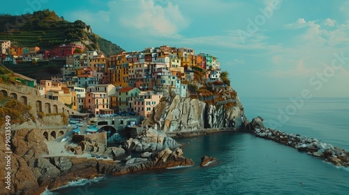 A quaint seaside village nestled along a rocky coastline,
