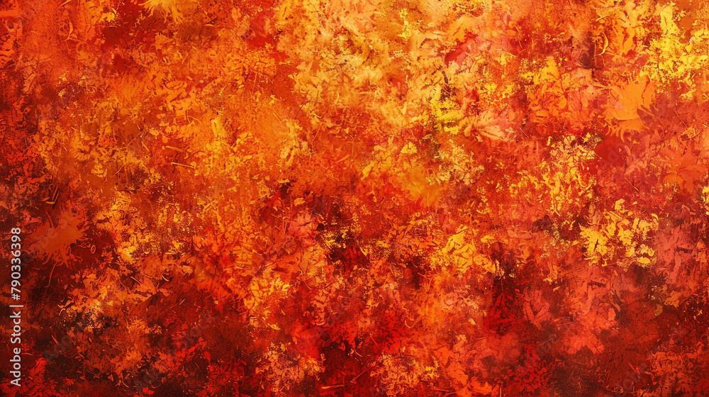 A fiery autumn foliage texture forest abstract art from a vibrant original painting for abstract background in orange red color detailed Fall foliage. 