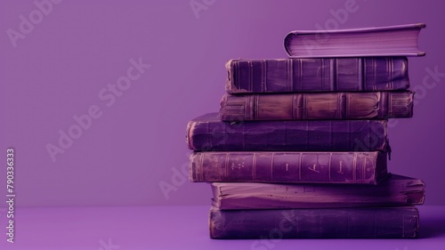 Stack of old leather-bound books on purple background