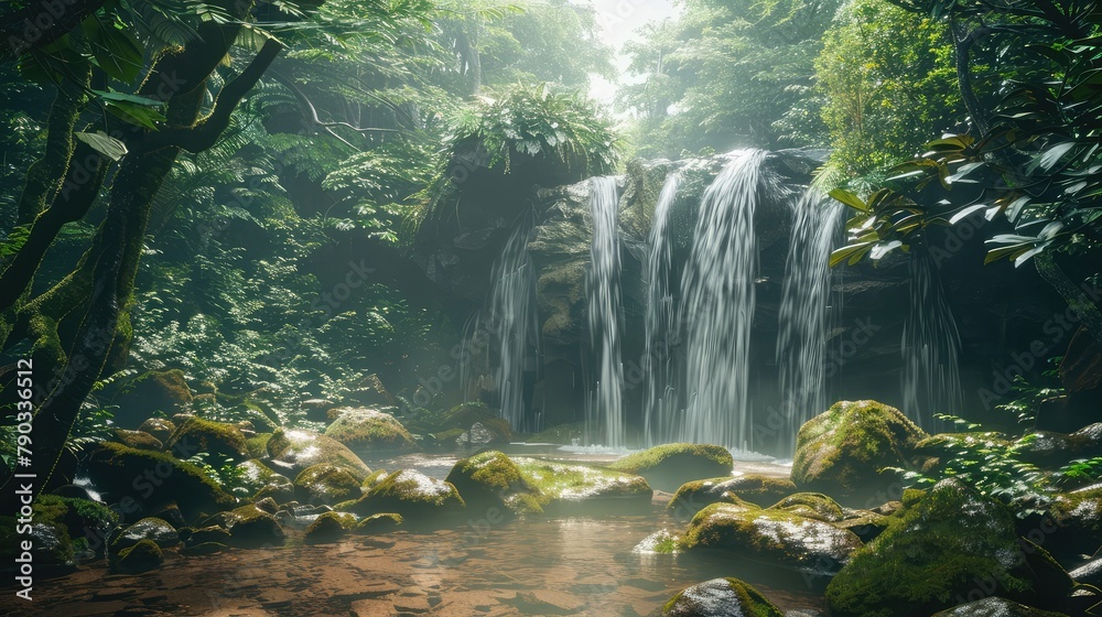 A pristine waterfall cascading down moss-covered rocks into a crystal-clear pool below, surrounded by lush greenery and framed by towering trees.