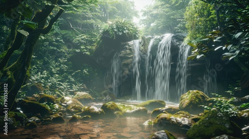 A pristine waterfall cascading down moss-covered rocks into a crystal-clear pool below  surrounded by lush greenery and framed by towering trees.
