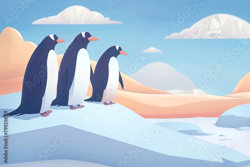 Painting several penguins moving across snowy field landscape