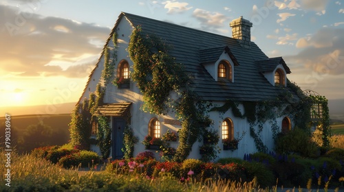 A quaint cottage standing proud against a backdrop of rolling hills, its whitewashed walls adorned with cascading ivy and flower boxes brimming with color.  photo