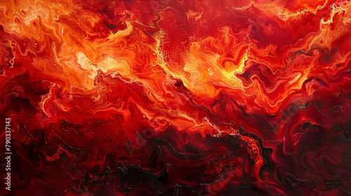A fiery red volcanic texture magma abstract art from an intense original painting for abstract background in red orange color detailed Lava flow. 