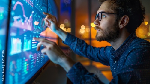 A man in glasses looking at a large screen with graphs and charts, AI