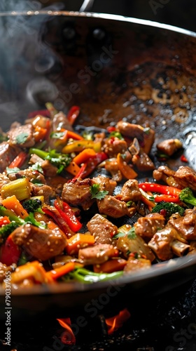 Sizzling Pork Stir-Fry with Vibrant Vegetables in a Wok