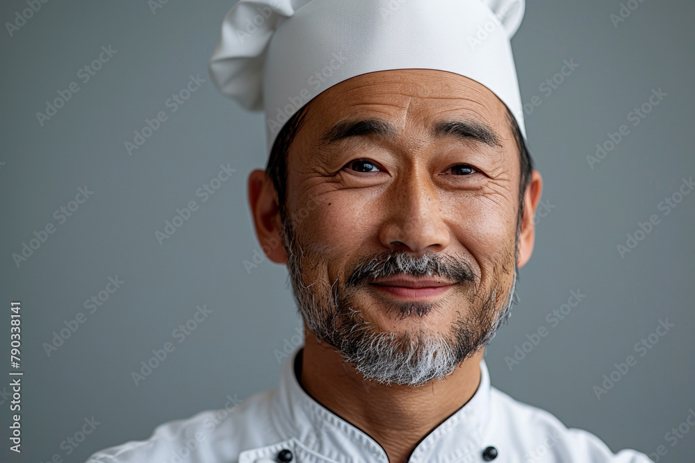 A smiling Chinese senior chef presents delicious cuisine with confidence. A smiling Chinese senior chef presents delicious cuisine with confidence.