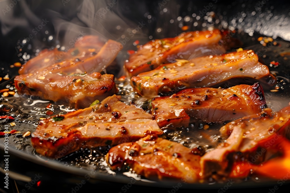 Close-up of Sizzling Marinated Pork Slices Cooking in a Hot Pan