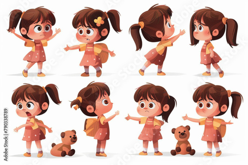 Set of little girl character in different poses and actions. Cute child is crying, posing, hugging a teddy bear, peeps out pointing 3D avatars set vector icon, white background, black colour icon photo