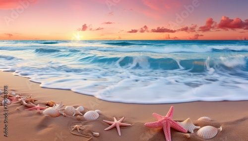 View of the beach waves is truly amazing and creates wisps of white foam on the shoreline  with stunning vibrant reflections of sunlight  sea creatures  shells  starfish and turtles walk on the beach 