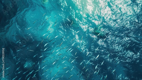 School of fish swimming under ocean surface with sunlight filtering through water