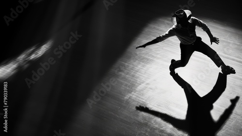 Silhouette of person breakdancing with dramatic shadow