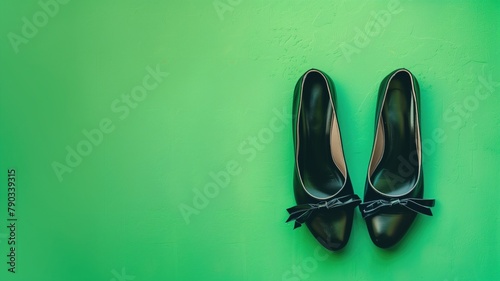 Pair of black high-heeled shoes with bows against green background