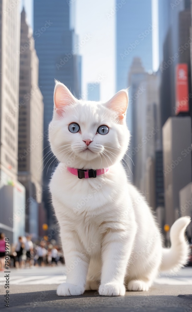 a white cat standing in the bustling streets of New York City