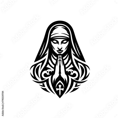 nun in modern tribal tattoo, abstract line art of people, minimalist contour. Vector