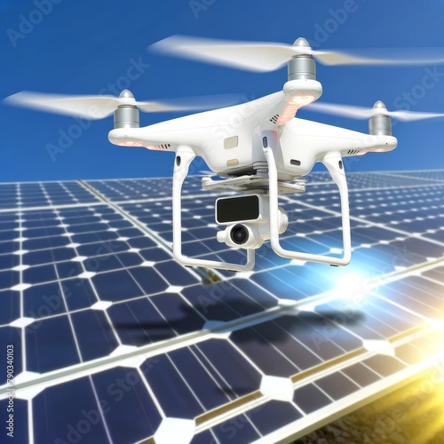 Quadcopter drone flying over solar panels. Renewable energy advanced technology concept