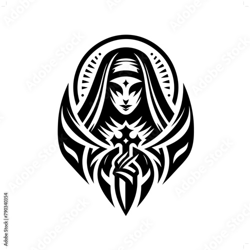nun in modern tribal tattoo, abstract line art of people, minimalist contour. Vector