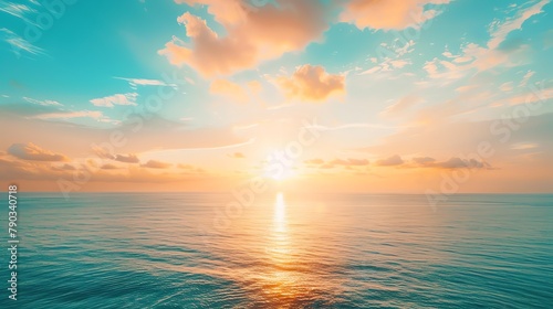 Captivating landscape shot depicting an infinite horizon where the sky meets the ocean  bathed in golden sunlight  perfect for travel brochures or inspirational wall art