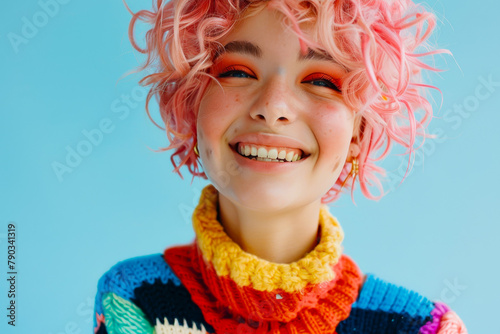 Colorful and Cheerful Non-Binary Person with Light Pink Hair
