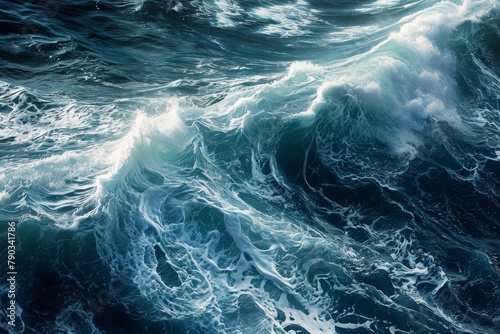 A photo capturing a large body of water as it is covered in a multitude of waves, Detailed study of the crest and trough of an ocean wave, AI Generated