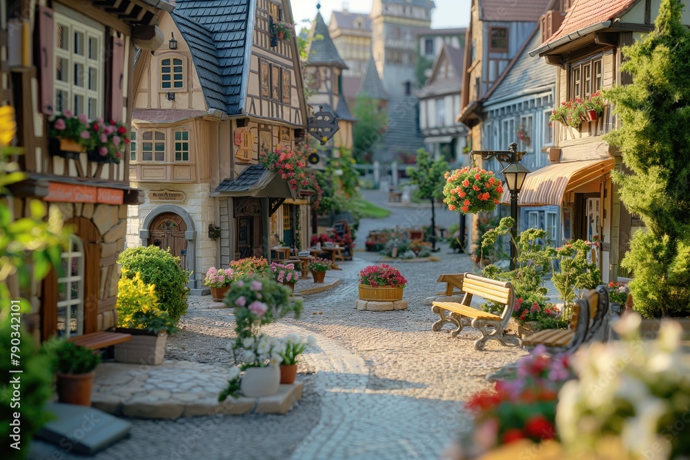 miniature models of a charming village square filled with miniature buildings crafted with intricate detail