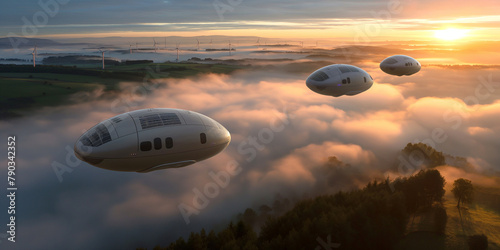 Moderne Drohnen Luftfahrzeuge zur Personenbeförderung fliegen in der Luft, ai generativ photo