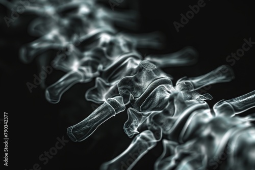 A black and white photograph capturing a long line of bones stretching across the image, Detailed view of the human spine in X-ray, AI Generated photo