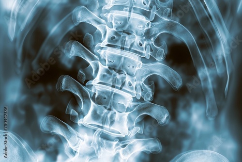 A factual x-ray image showcasing the structure of a human skeleton, Detailed view of the human spine in X-ray, AI Generated photo