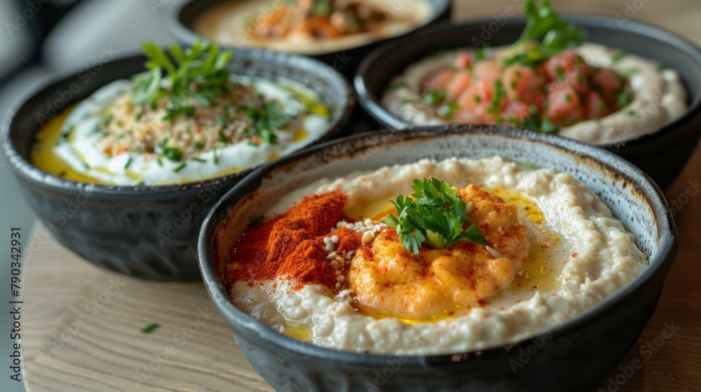 Three bowls of food on table with spoon