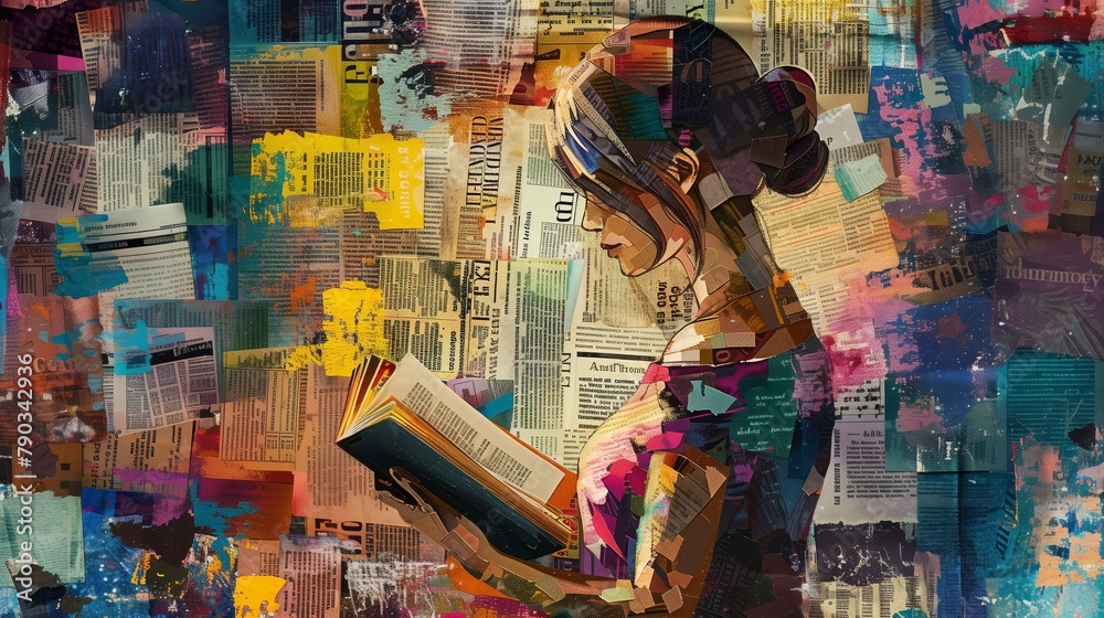 Woman reading a book in colorful newspaper scraps style