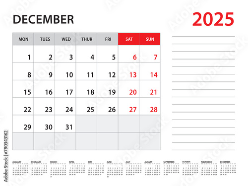 December 2025 year - Calendar 2025 template vector, week start on monday, Desk calendar 2025 year, Wall calendar design, corporate planner template, Stationery, organizer diary, vector
