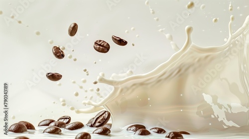 Milk liquid splash with flying coffee beans on white background