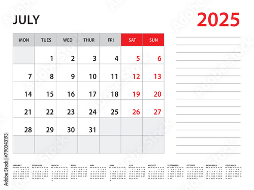 July 2025 year - Calendar 2025 template vector, week start on monday, Desk calendar 2025 year, Wall calendar design, corporate planner template, Stationery, organizer diary, vector