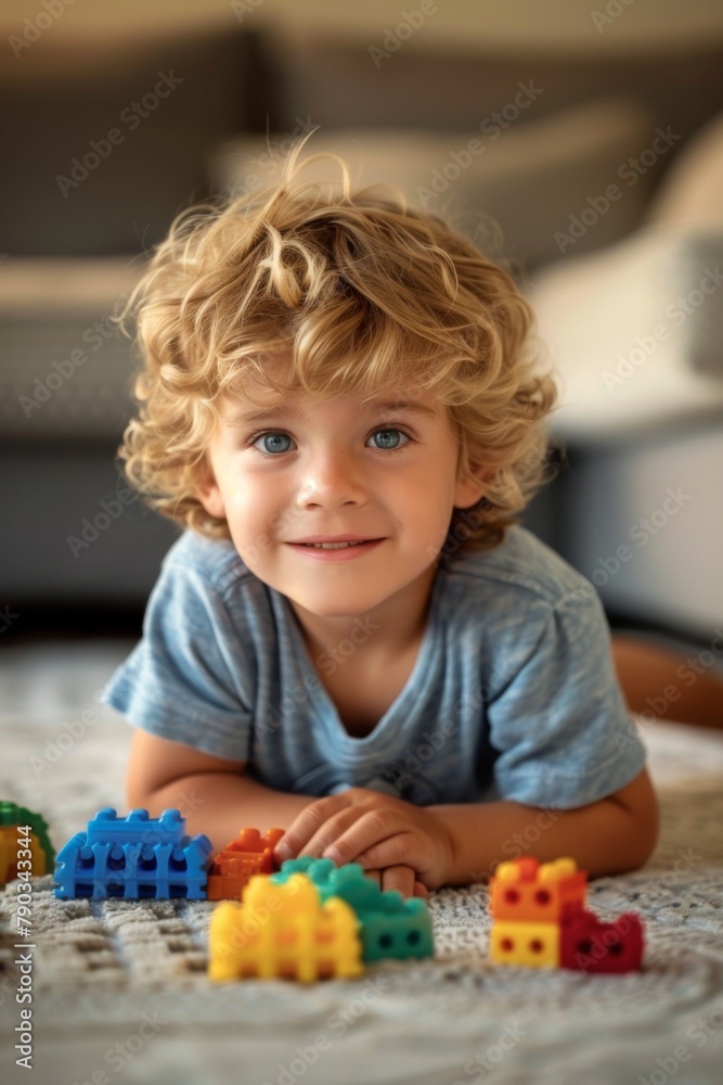 A young boy laying on the floor with a toy truck, AI A young boy laying on the floor with a toy truck, AI