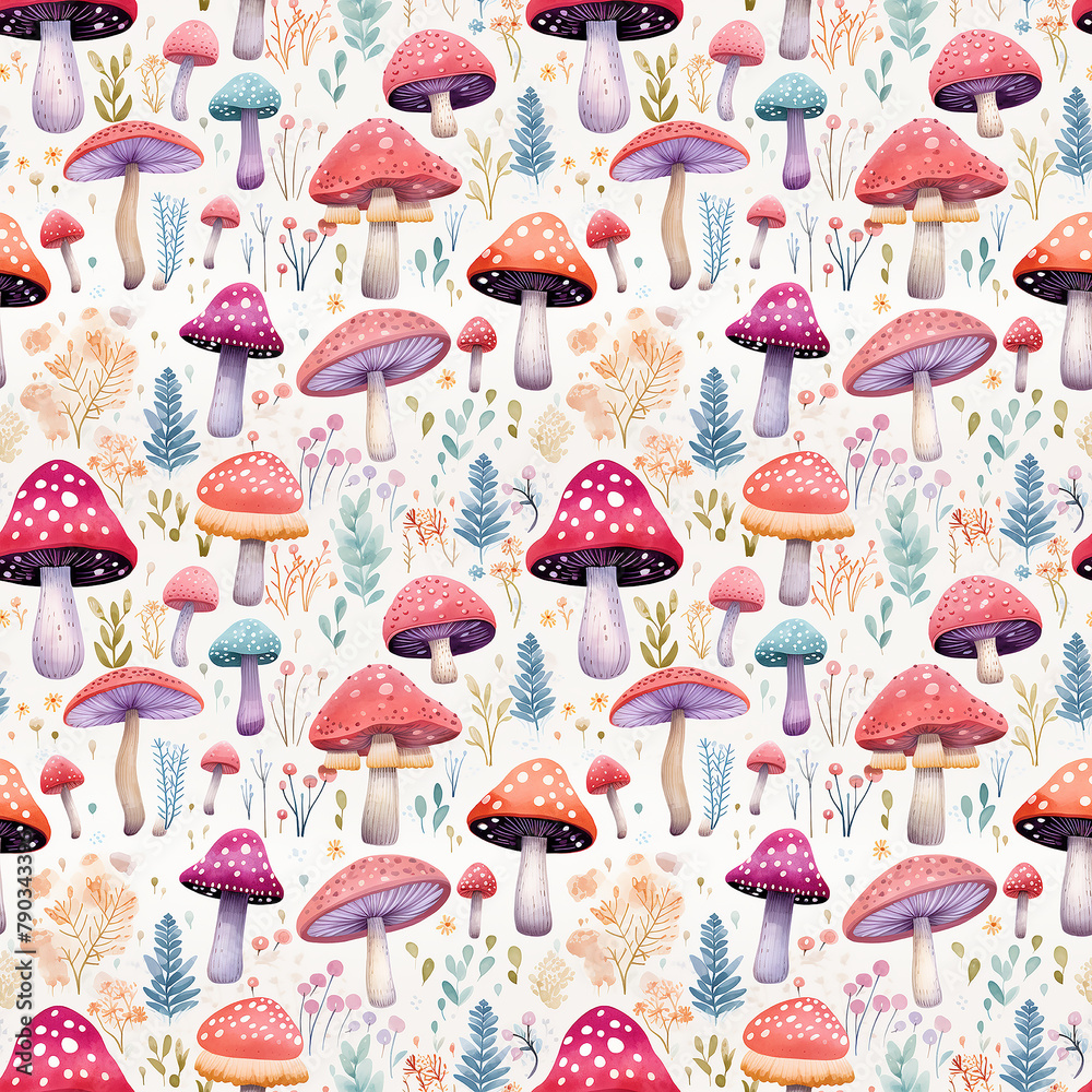 cute watercolor colorful mushrooms seamless pattern background