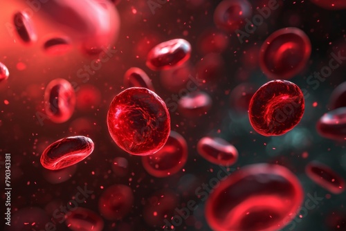 A vivid image capturing a cluster of red blood cells floating effortlessly in the atmosphere, Digital art composition of glowing blood cells in the dark, AI Generated