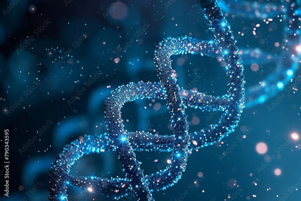 This photo captures a detailed view of an object in shades of blue and black, showcasing its intricate design, Digital binary image of a DNA helix structure, AI Generated